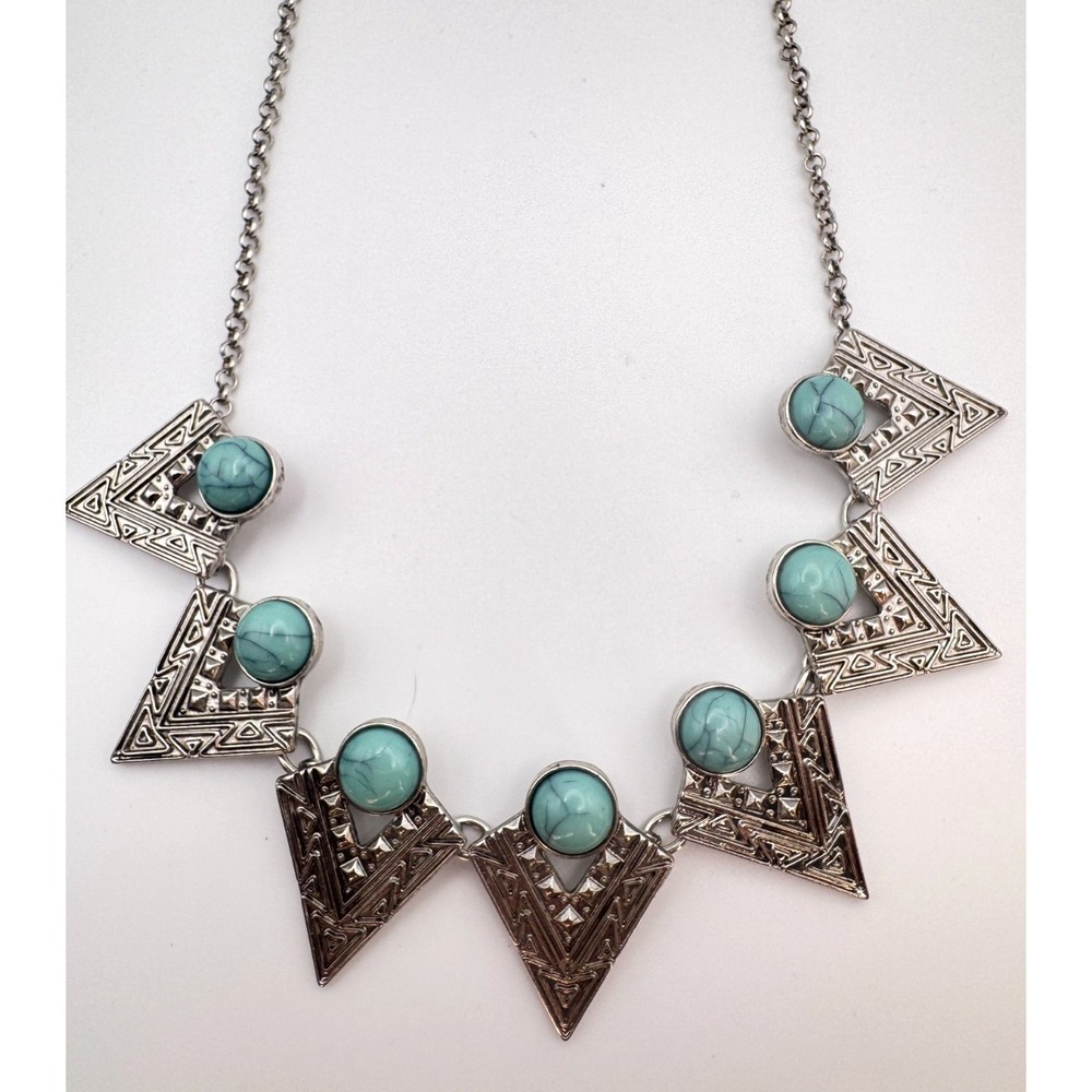Vintage Southwestern Necklace Triangle Bib Blue Cabochon Silver Tone